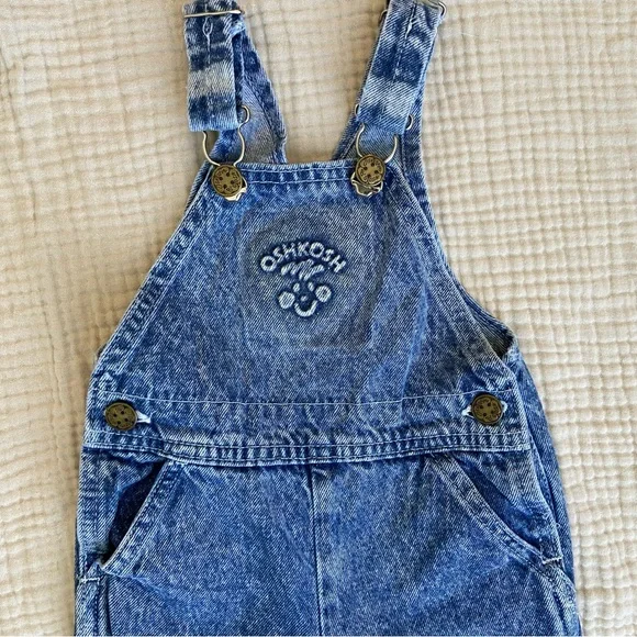 Vtg 80s Oshkosh Acid Wash Denim Overalls Size 18mo Classic Retro Country Blue - Picture 2 of 11